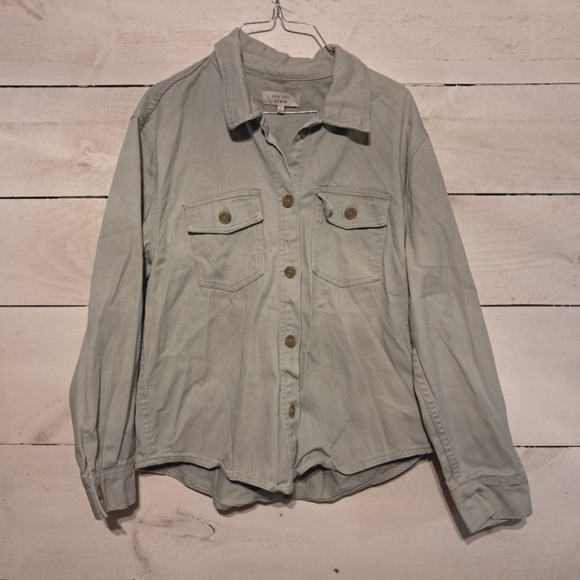 Love Tree Denim Shirt Green Button Down Top Size Large - Picture 1 of 7